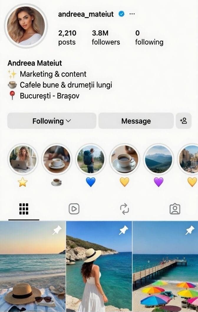 Profil Instagram al subiectului — Andreea Mateiut, 3,8 milioane urmăritori, biografie despre marketing și călătorii